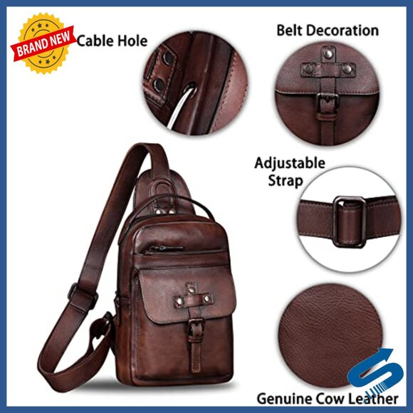 Genuine Leather Sling Backpack Crossbody Daypack Adjustable Strap 6 Pockets
